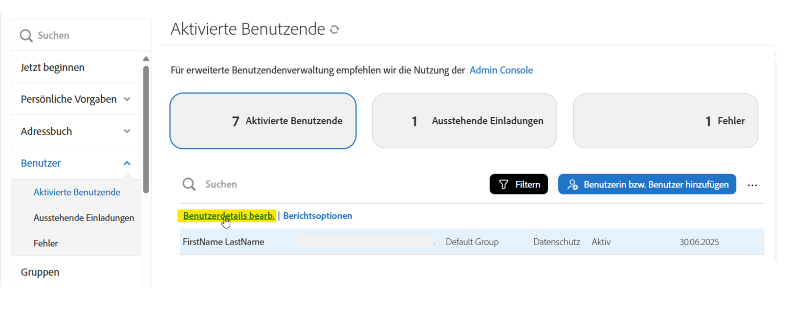 Die Liste „Benutzende aktivieren“ mit markierter Aktion „Benutzendendetails bearbeiten“.