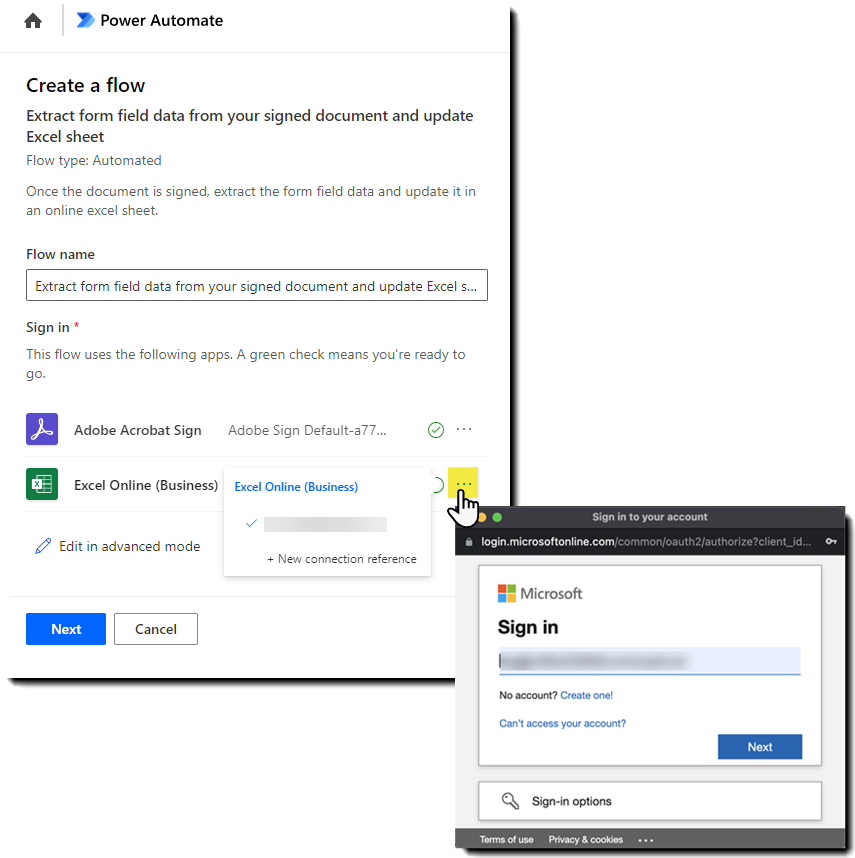 Power Automate zwischen Acrobat Sign und Excel mit geöffnetem Authentifizierungsfenster