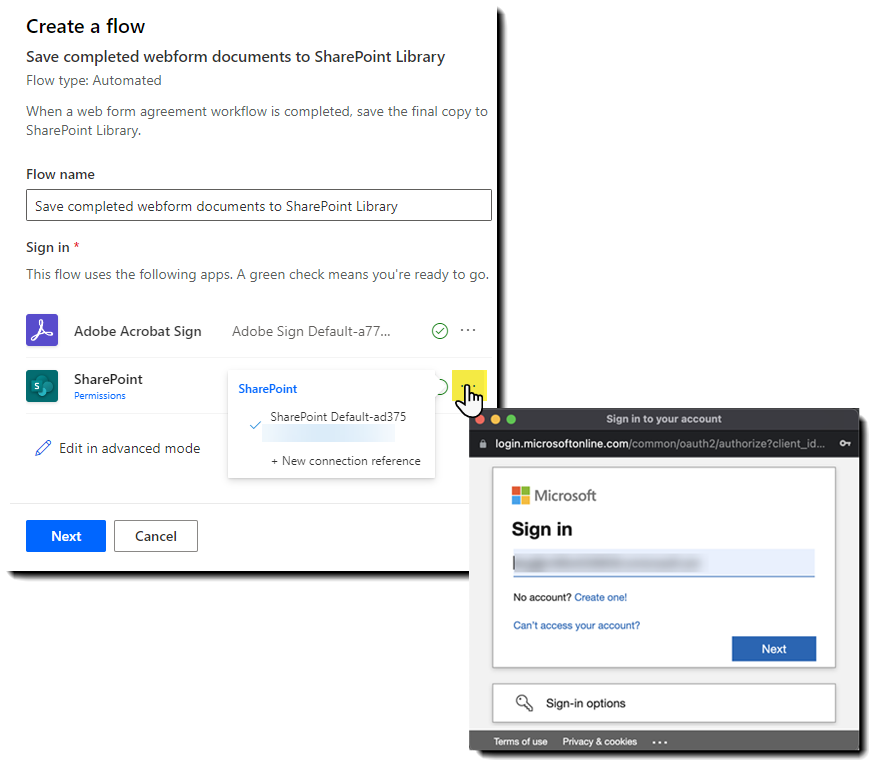 Power Automate zwischen Acrobat Sign und SharePoint mit geöffnetem Authentifizierungsfenster