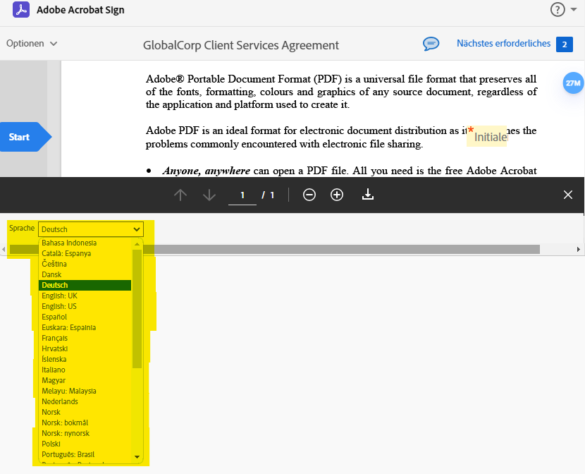 Die E-Signatur-Seite mit dem erweiterten und hervorgehobenen Dropdown-Menü „Sprache“