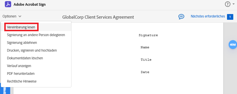 Die E-Signatur-Seite mit dem erweiterten Menü „Optionen“ und der hervorgehobenen Option „Vereinbarung lesen“
