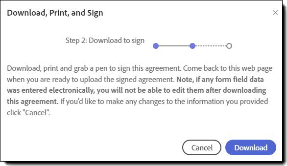 Das Bedienfeld „Herunterladen, drucken und signieren“ mit hervorgehobener Schaltfläche „Herunterladen“