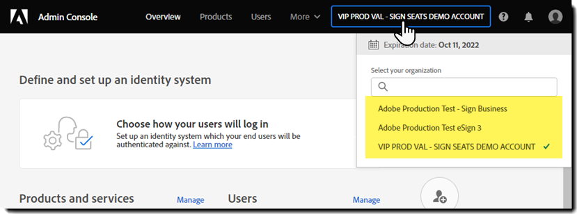 Dropdown-Liste mit Admin Console-Organisationen