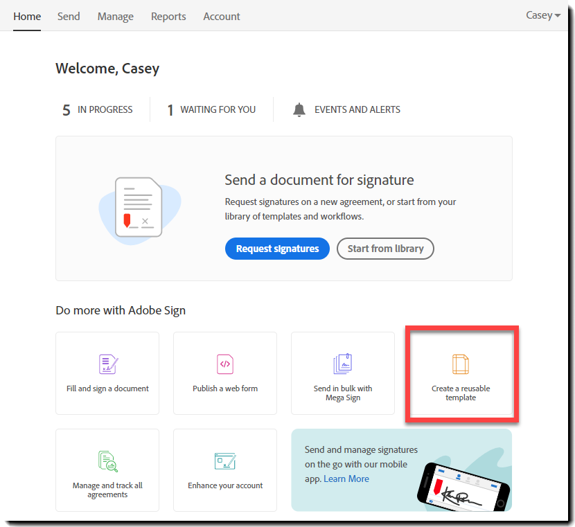 Vorlagenlink auf der Dashboard-Seite