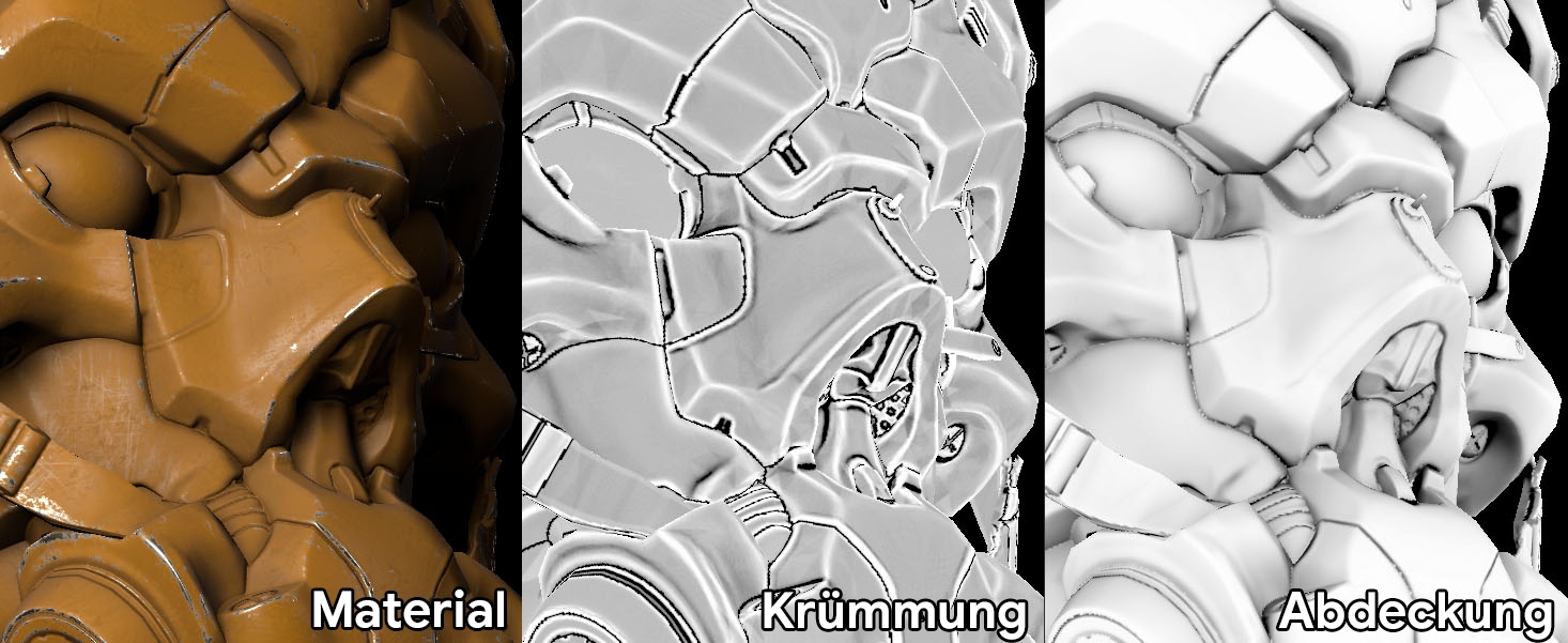 Beispiel für Material, das gebackene Texturen für Krümmung und Verdeckung verwendet.