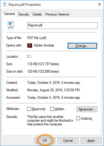Click OK in the Properties dialog box