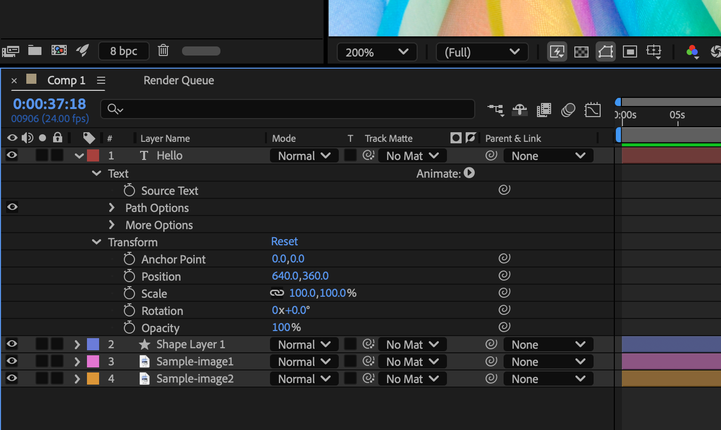 Expanded property group of a layer in the Timeline panel.