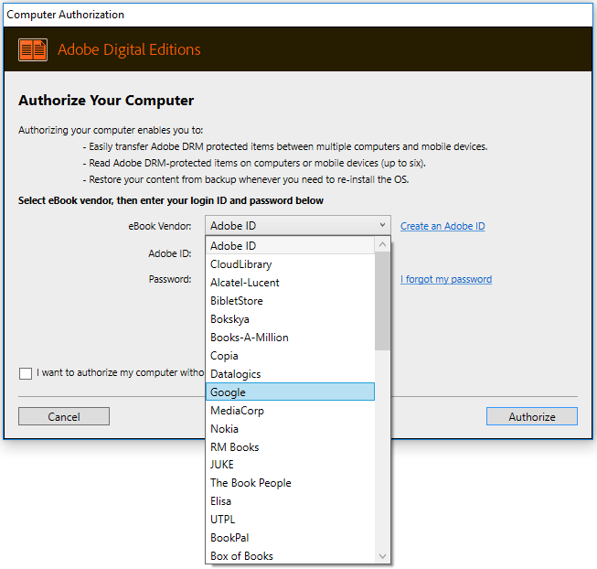 Authorizing Adobe Digital Editions with a Vendor ID