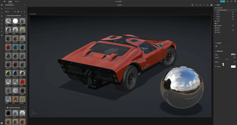 Using a mirror ball (sphere with metallic texture) to see and orient the environment light in a 3D scene