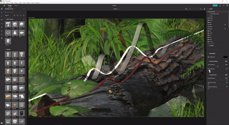 A scene of a tree stump on a forest floor, intertwined with CGI wires and ribbons illuminated with outdoor 3D lighting.