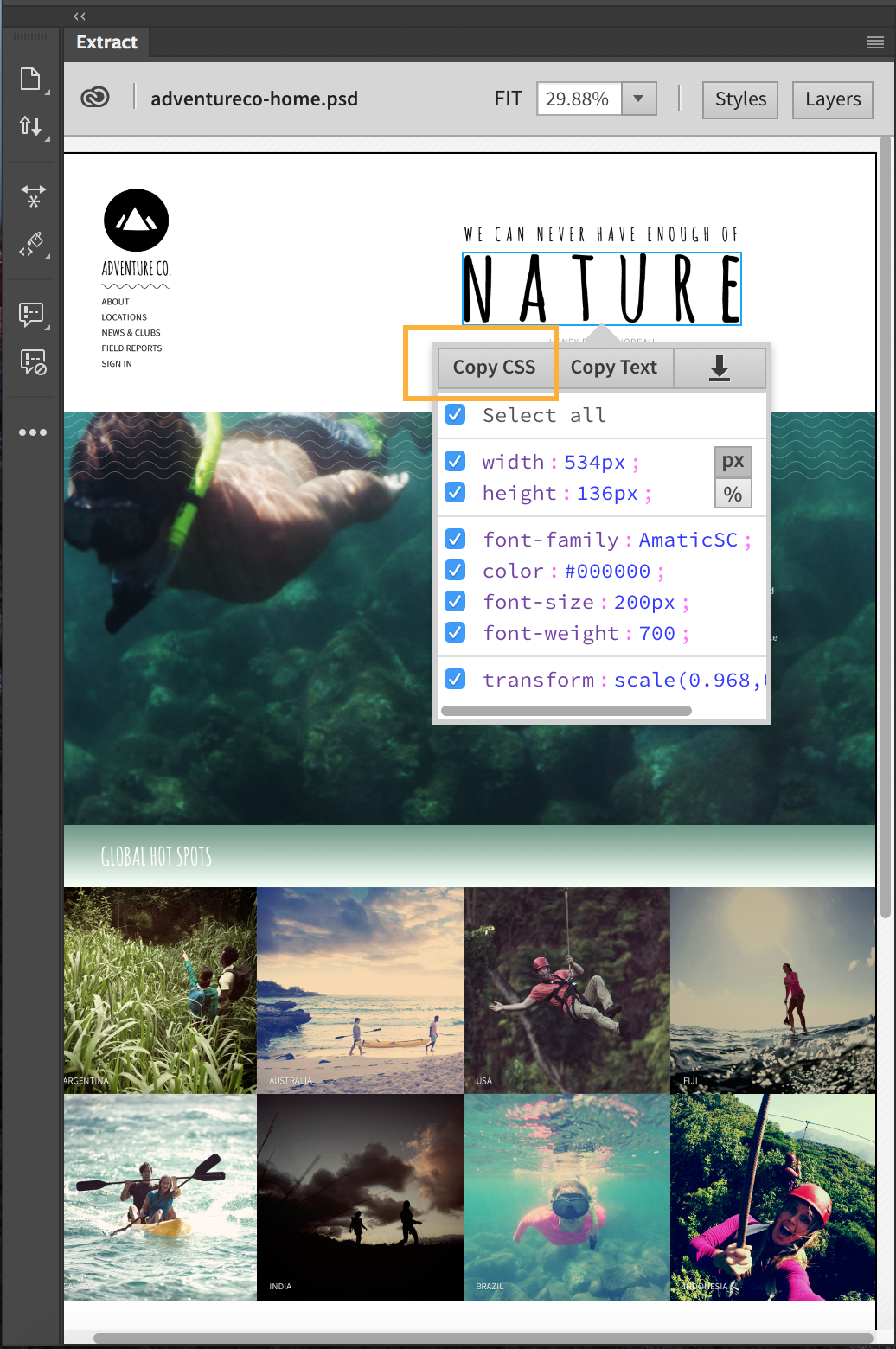 Copy CSS option in the Extract panel