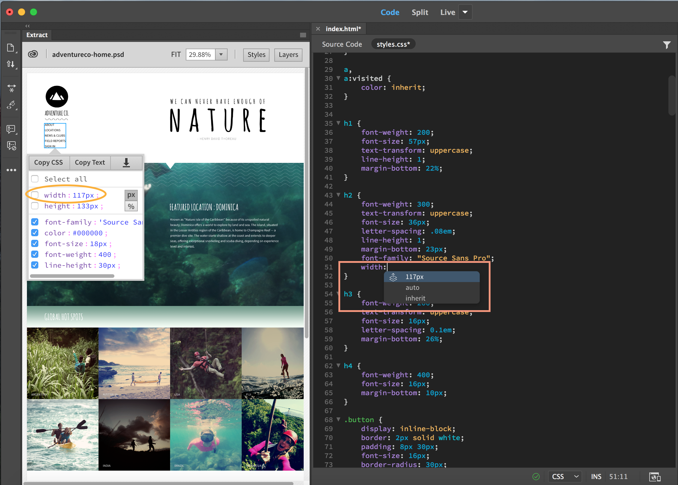 Code hints with a CSS property of an element in a PSD file