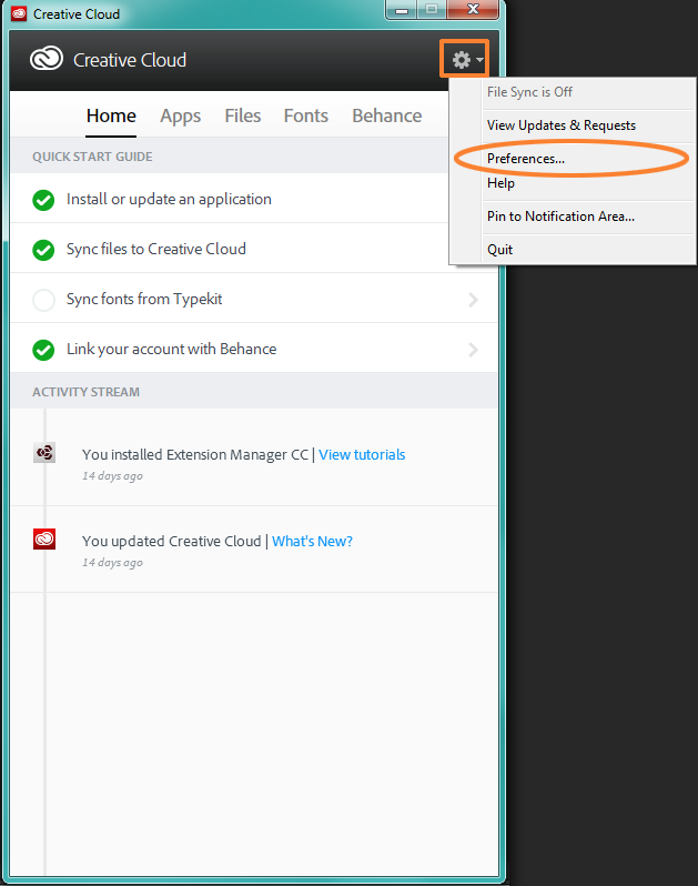 Preferences in Adobe Creative Cloud client. File sync.
