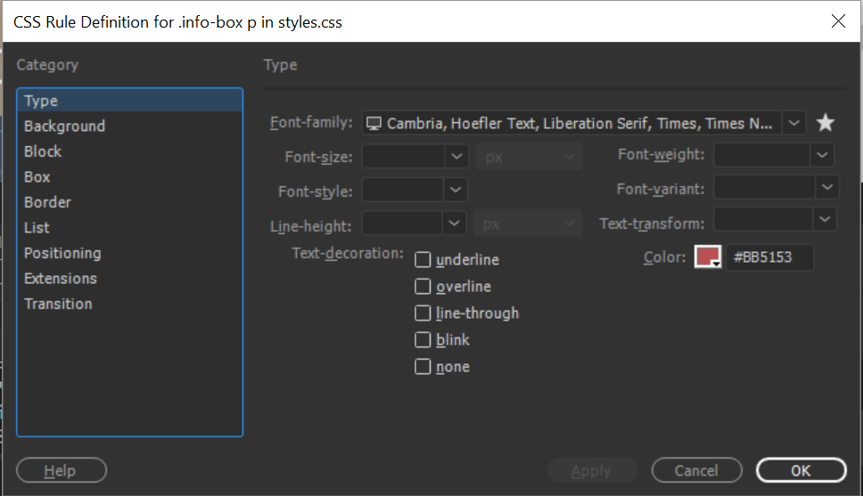 Edit CSS Rule in Dreamweaver