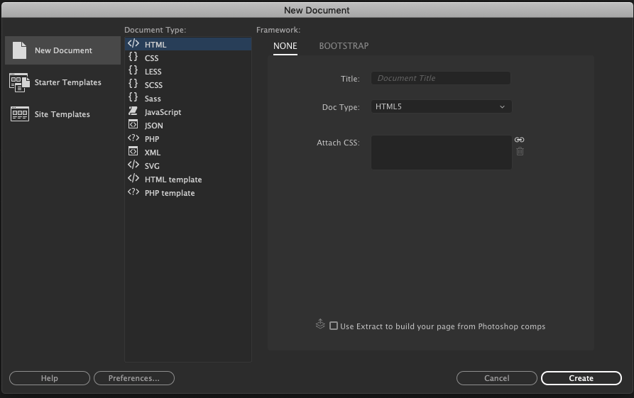 Creating a new code file in Dreamweaver