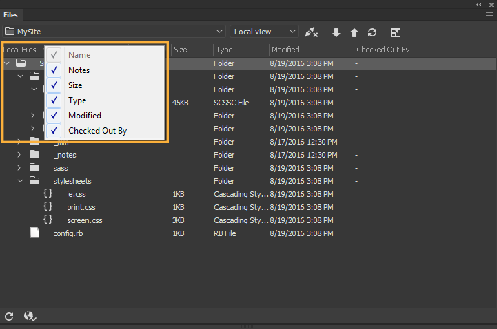 Showing and hiding file and folder details in the Files panel