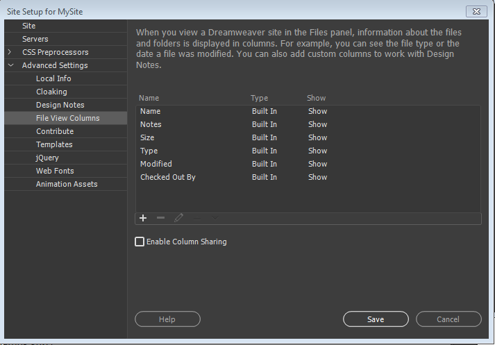 Customizing file view columns using the Manage Sites > Advanced Settings > File View Columns dialog