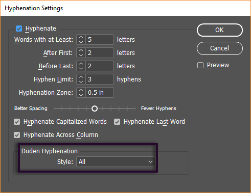 Hyphenation settings