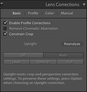 Lightroom Classic CC Basic tab in the Lens Corrections panel
