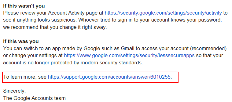 Google security message