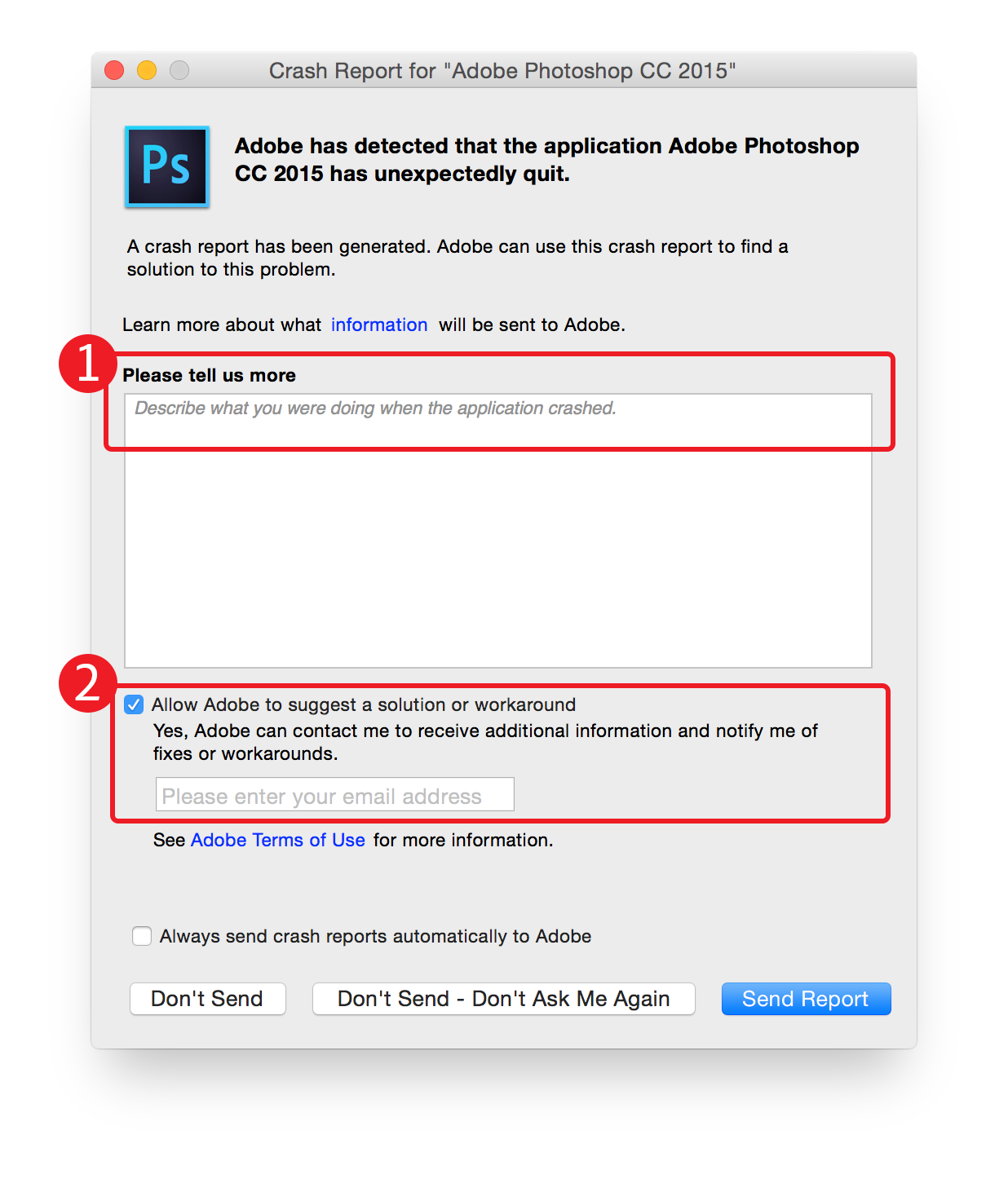 Photoshop submit crash report