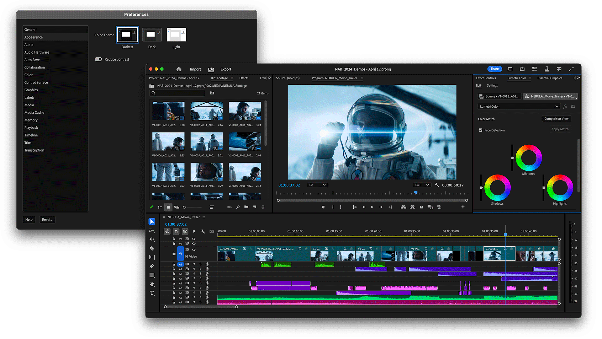 The UI of Premiere Pro showing high-contrast colors across the screens.