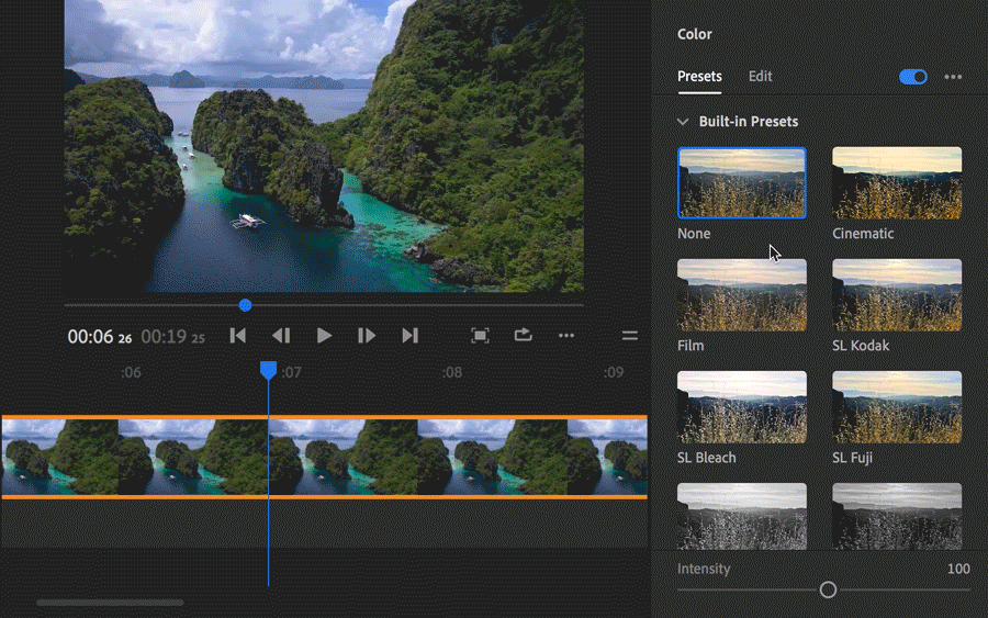 Apply a color preset, tweak its intensity, and adjust its color properties