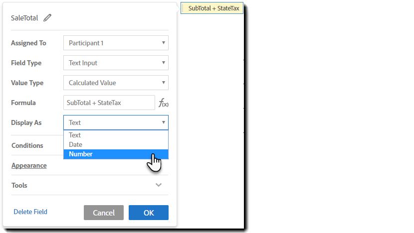 Champ Afficher comme