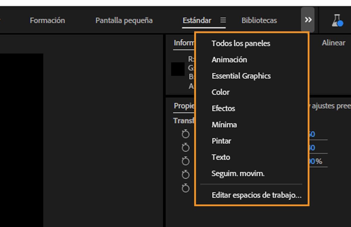 El menú de contenido adicional muestra opciones como Bibliotecas, Animación, Gráficos esenciales, Efectos, Color, Pintura, Texto y Rastreador de movimiento.