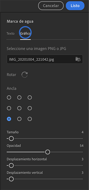 Los ajustes de la marca de agua gráfica en Lightroom para equipos de escritorio