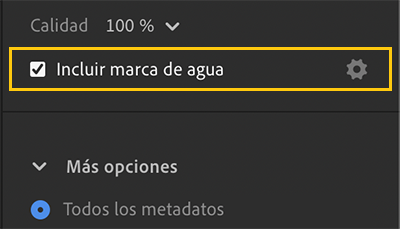 La opción Incluir marca de agua en los ajustes de Exportar