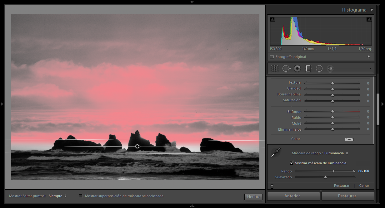 Activar la opción Mostrar máscara de luminancia para visualizar la máscara