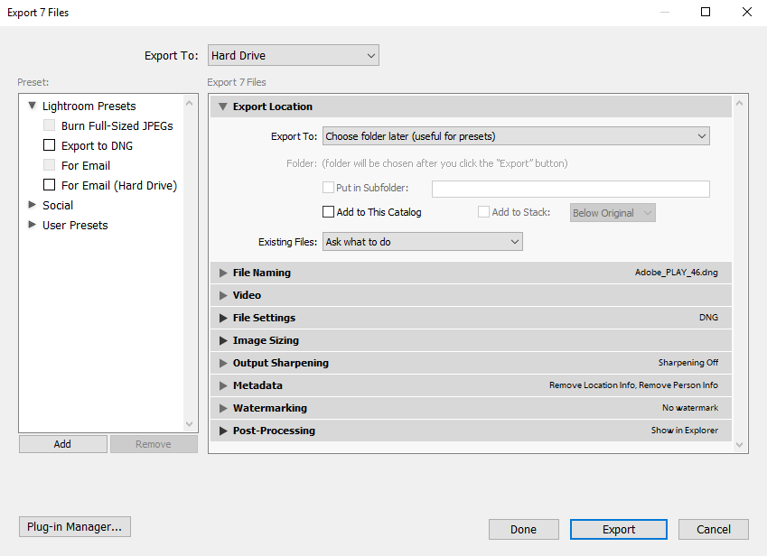 El cuadro de diálogo Exportar de Lightroom Classic CC