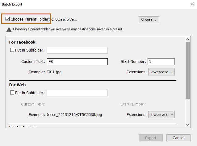 Cuadro de diálogo Exportación por lotes
