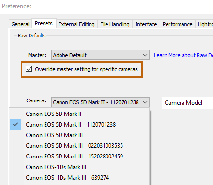 Definir configuración predeterminada de RAW específica para el modelo de cámara