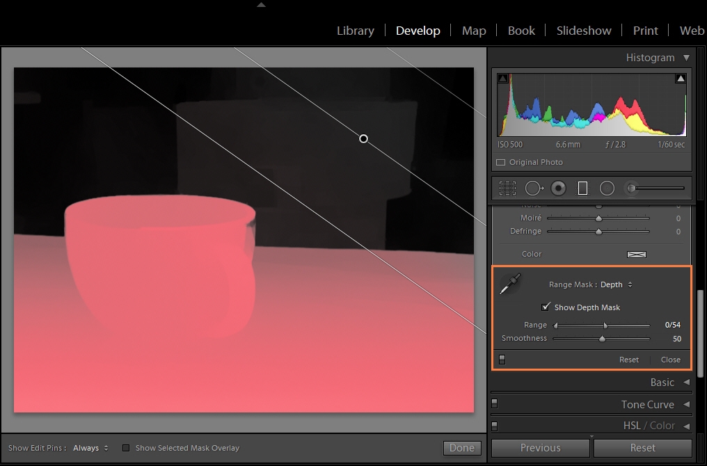 Seleccione la opción Mostrar máscara de profundidad para visualizar la máscara de profundidad