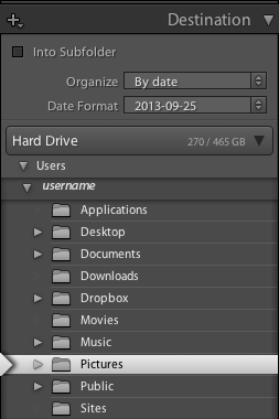 El panel Destino de importación de Lightroom Classic CC