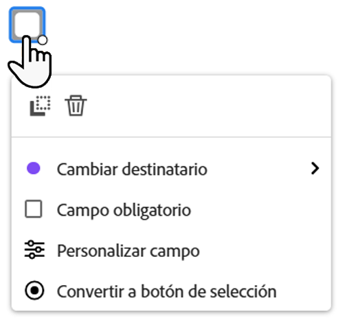 Vista del campo con el menú de campo de hacer clic con el botón izquierdo expuesto.