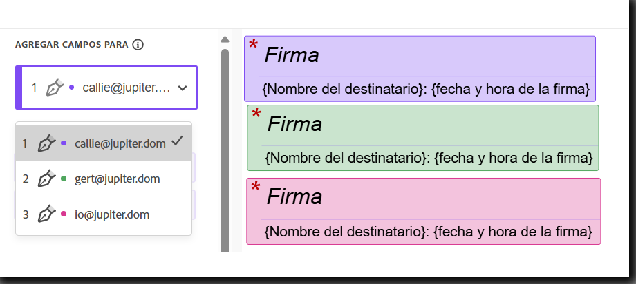 Sección Campo asignado a de las propiedades del campo con tres destinatarios y campos de firma 