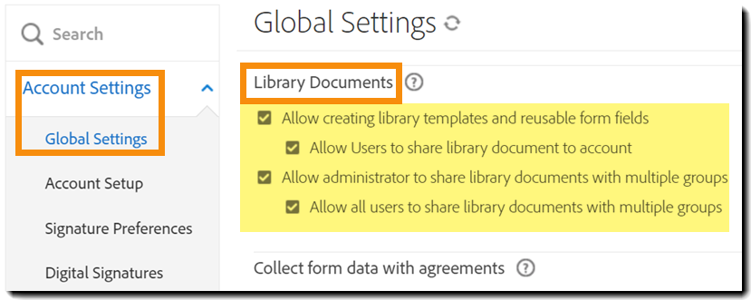 La pestaña Configuración global con los controles de documentos de la biblioteca resaltados
