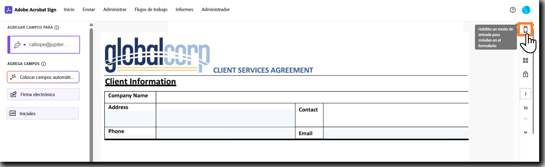 Entorno de creación con el icono del enfoque móvil resaltado