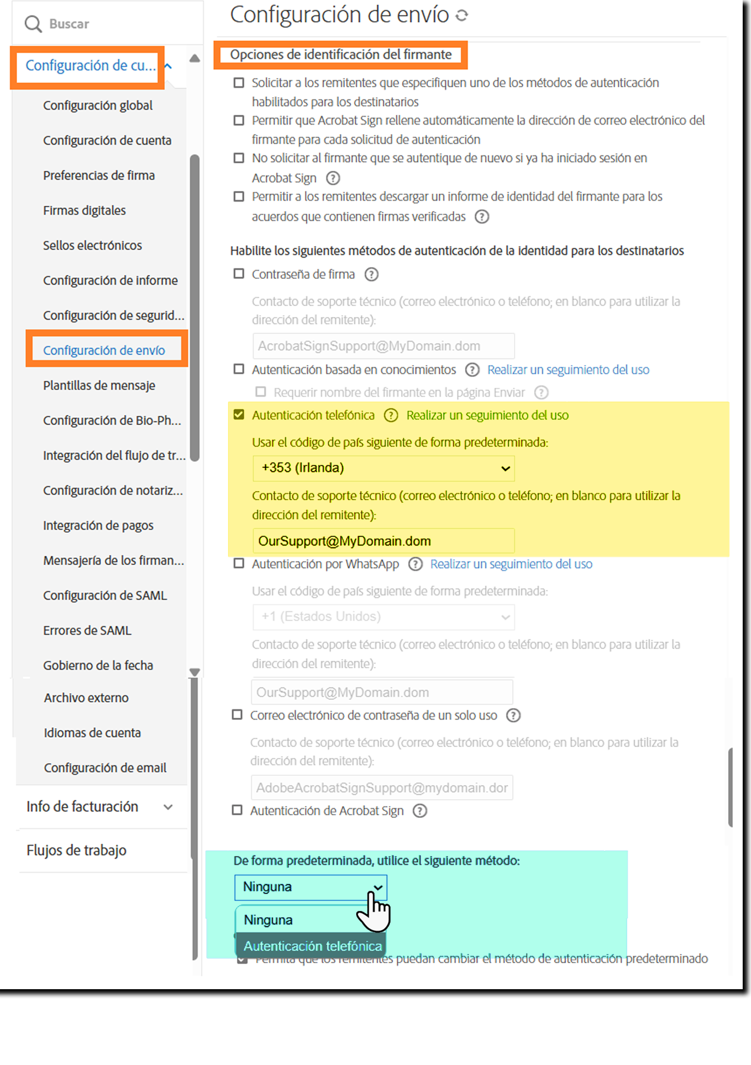 Página Configuración de envío con los controles de Autenticación telefónica resaltados.