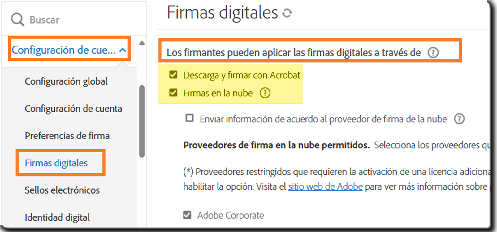 Sección Firmas digitales del menú de administración con los controles de &quot;Los firmantes pueden aplicar las firmas digitales a través de&quot; resaltados.