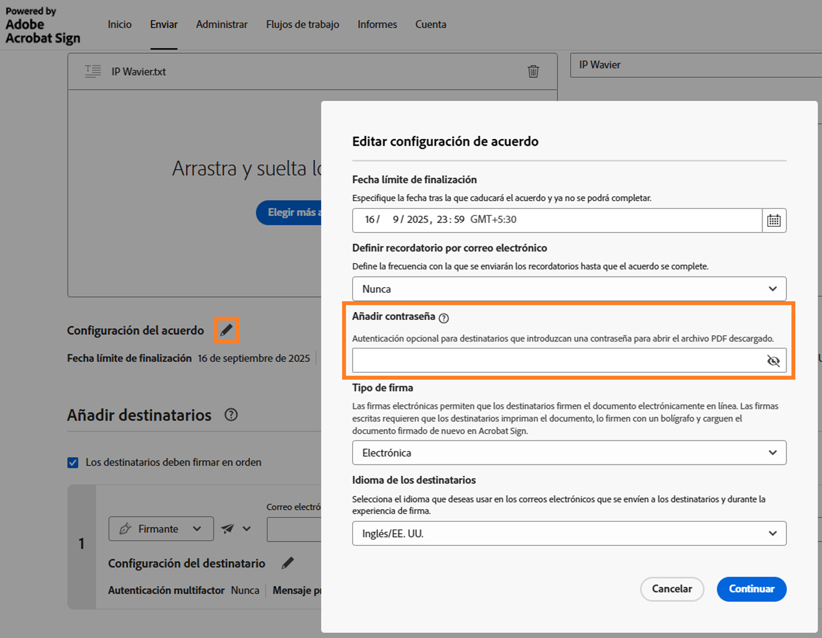 La sección Configuración del acuerdo con la opción Añadir contraseña resaltada.