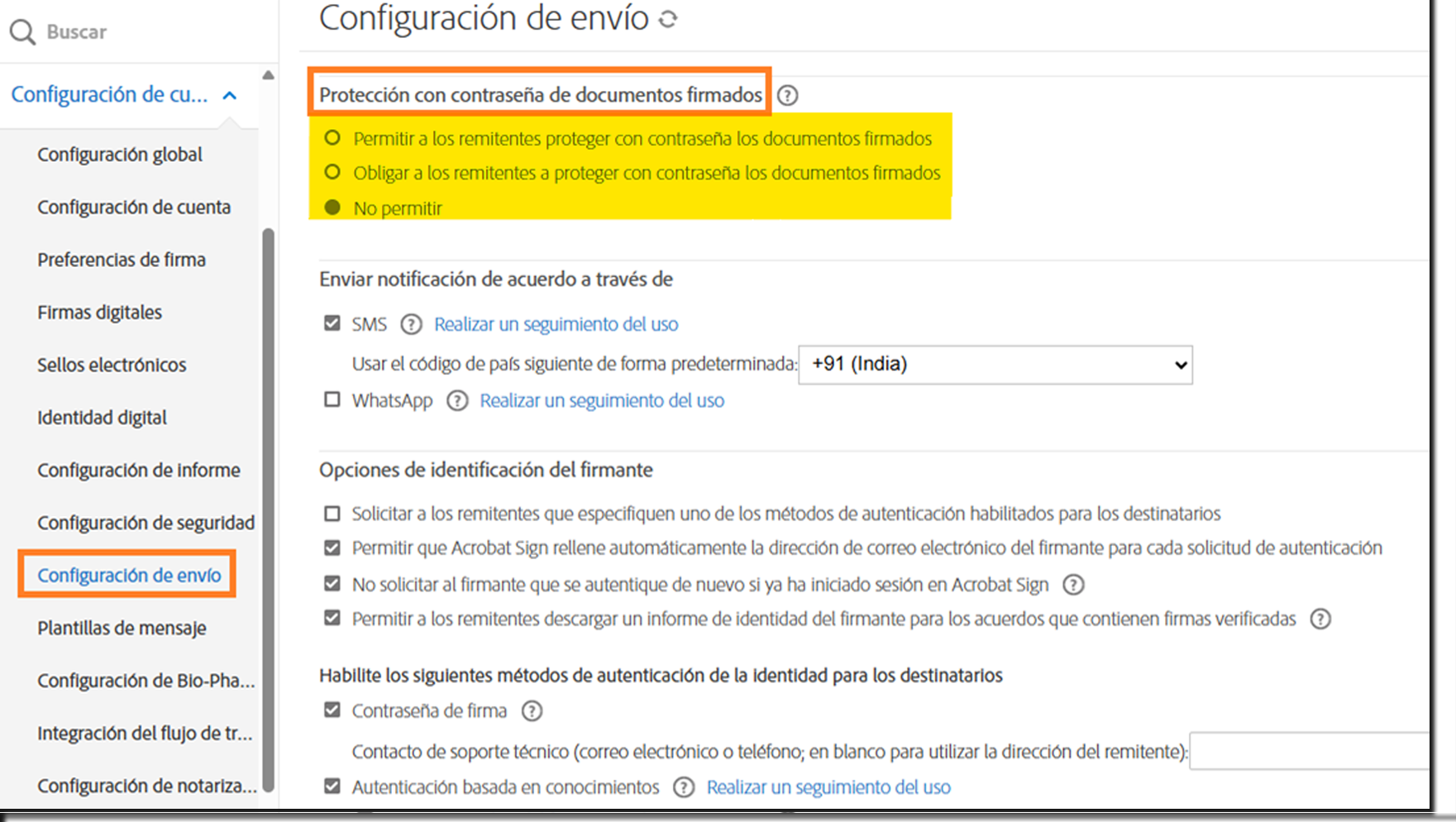 El menú Configuración de envío en Controles de administración con los controles de protección con contraseña de documentos firmados resaltados.