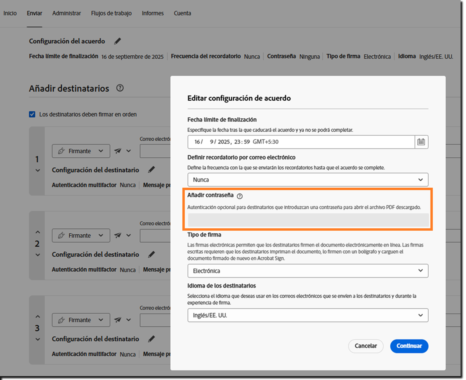 La sección Configuración del acuerdo con el campo Añadir contraseña bloqueado resaltado.
