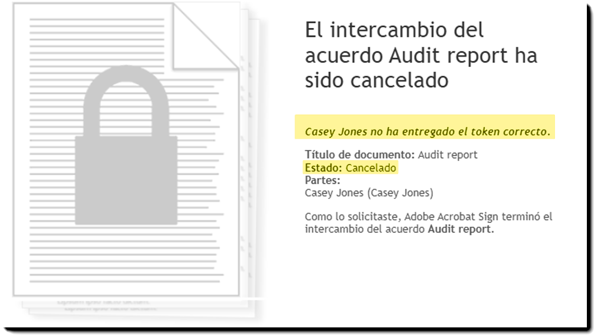 Notificación por correo electrónico del acuerdo cancelado debido a un error de identificación
