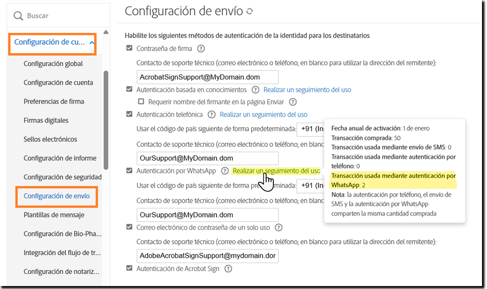 Página Configuración de envío resaltando el vínculo Seguimiento del uso y mostrando la ventana emergente de información
