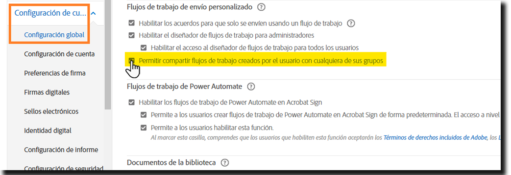 El menú Configuración global resalta los controles “Permitir uso compartido de flujos de trabajo creados por usuarios”.