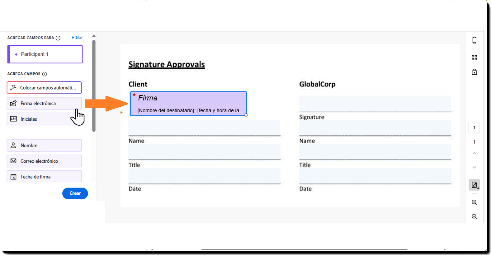 La plantilla Entorno de creación con el campo Firma resaltado y colocado en el formulario.